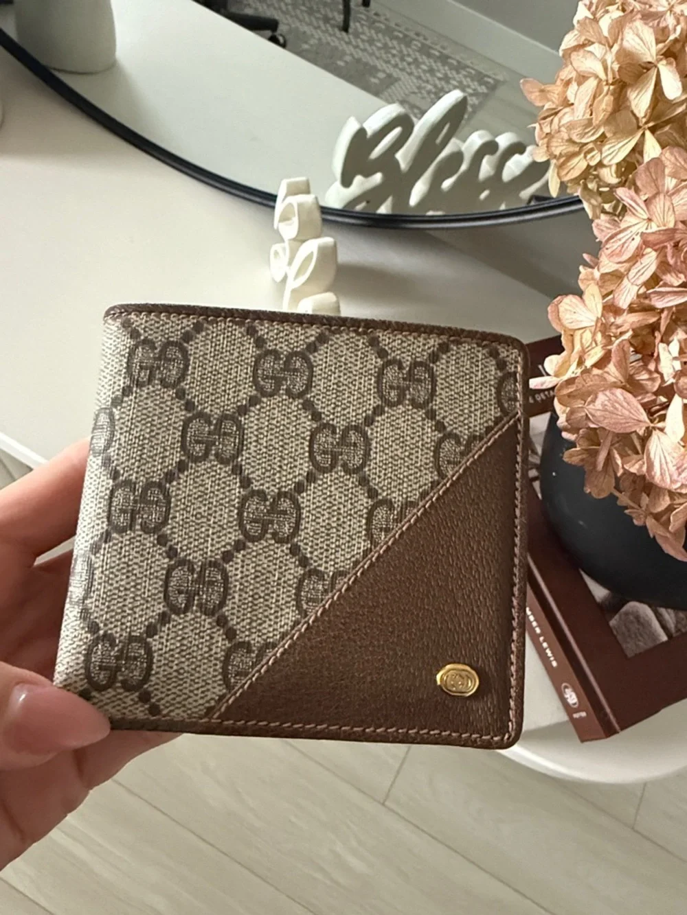 Gucci Beige & Brown Monogram Card Holder with Gold Accent wallet